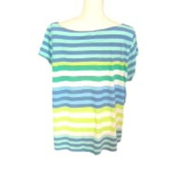 Liz Claiborne Short Sleeve Blue, Turquoise, Yellow, White Striped Top in 3X - Picture 2 of 4